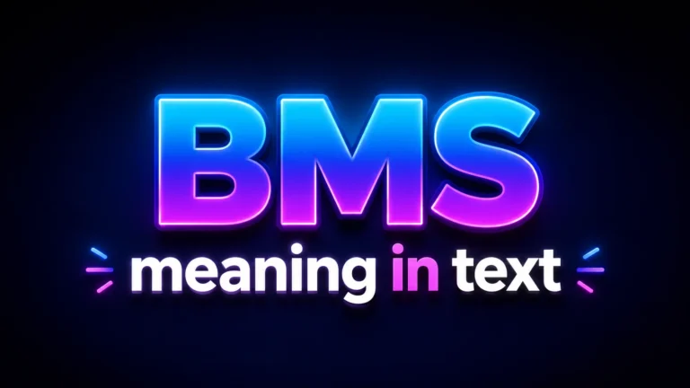 Minimalist digital banner featuring the phrase “BMS meaning in text” centered on a dark background. The acronym “BMS” appears in large neon gradient lettering with blue and pink tones, while “meaning in text” is displayed below in bold white typography with subtle glowing accents