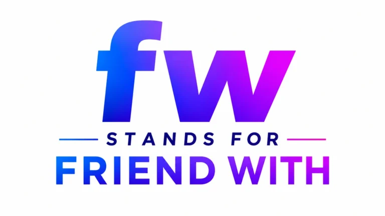 Minimalist 16:9 digital banner with centered gradient text reading “FW STANDS FOR FRIEND WITH” on a clean white background. The typography features a blue-to-purple gradient with a modern, professional style designed for a website header or educational blog post about text slang.