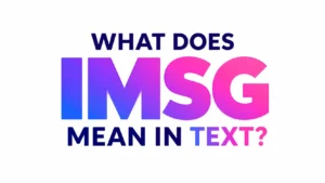 Minimalist digital banner on a white background with centered bold typography reading “WHAT DOES IMSG MEAN IN TEXT?”, featuring “IMSG” in a large blue-to-pink gradient and supporting text above and below in dark navy