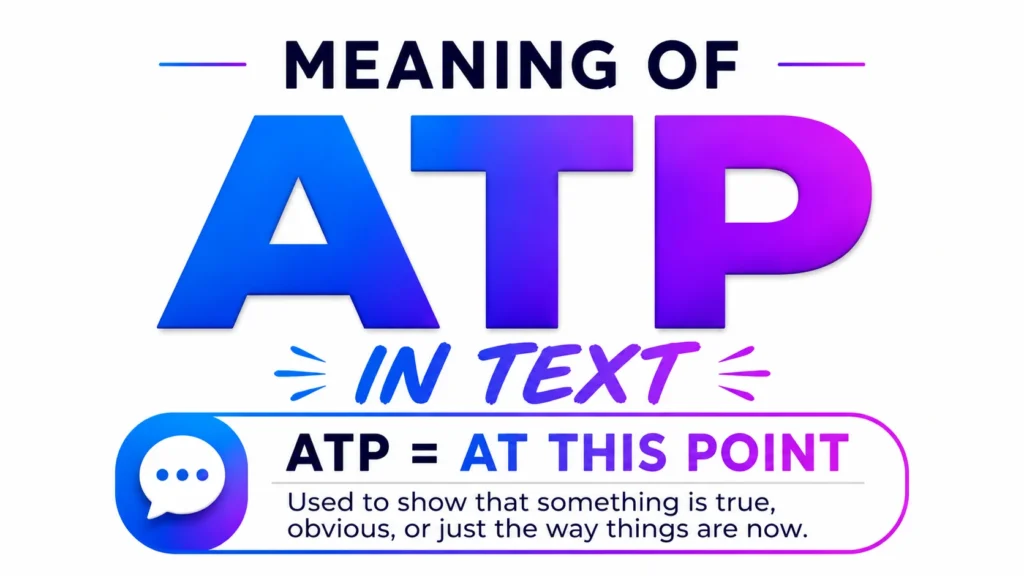 Modern educational banner explaining the meaning of "ATP" in text messaging. Large gradient blue-to-purple "ATP" text is centered on a clean white background, with supporting text reading "Meaning of ATP in Text" and "ATP = At This Point" in a professional, minimalist design