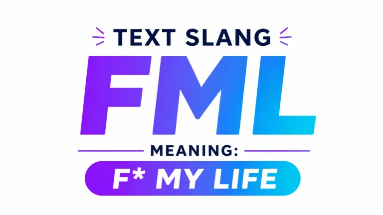 Minimalist 16:9 digital banner with a clean white background featuring large gradient text “FML” in the center, transitioning from purple to blue. Beneath it, the text “MEANING: F* MY LIFE” appears in bold modern typography. The design is sleek, professional, and focused entirely on the text with no distracting elements