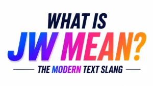 Minimalist 16:9 banner on a clean white background featuring the centered headline “WHAT IS JW MEAN?” in large, bold typography. “JW” appears in a blue-to-purple gradient, while “MEAN?” transitions from pink to orange. A smaller subtitle, “THE MODERN TEXT SLANG,” is centered below with thin decorative horizontal lines on each side, creating a modern and professional educational design